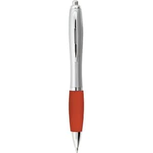 A plastic pen featuring a red grip and silver accents, with a branding logo on the body.