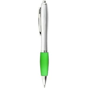 A silver pen with a green rubber grip. The pen has a clip and a branding logo on its body.