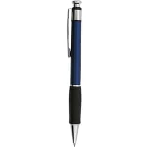 A blue plastic pen with a silver clip and a black rubber grip. It features a logo.