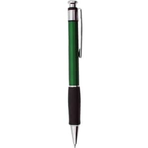 A green plastic pen with a silver clip and a black grip, featuring a branding logo.
