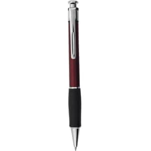 A red and silver pen with a black grip, featuring a chrome clip and a logo.