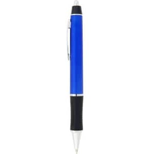 A blue plastic pen with a silver clip and black grip. It features a logo on the barrel.
