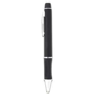 A black plastic pen with silver accents and a textured grip, featuring a logo.