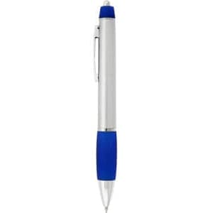 A metal pen with a silver body and blue grip, featuring a clip and a branding logo.
