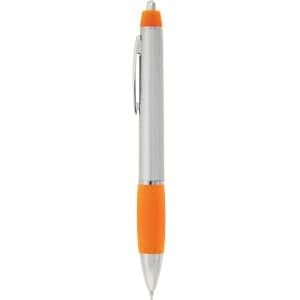 A silver metal pen with an orange grip and top. The pen has a clip and a logo on its body.