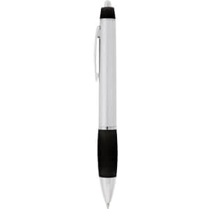 A silver and black metal pen with a smooth finish and a clip for easy attachment. Features branding on the barrel.
