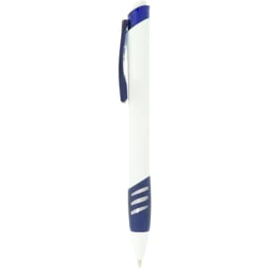 A plastic pen in white and navy blue, featuring a branding logo and a clip for attachment.