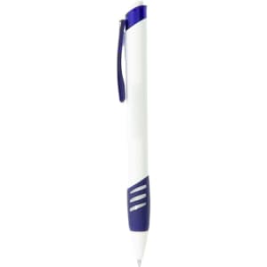 A plastic pen with a white body and blue accents, featuring a clip and design elements on the grip.