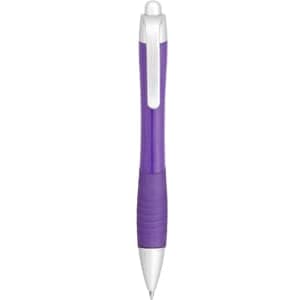 A metallic purple pen with a white clip and grip, featuring a sleek design and a logo.