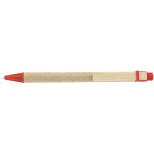 A pen with a natural kraft barrel and red accents, featuring a rounded top and a logo.