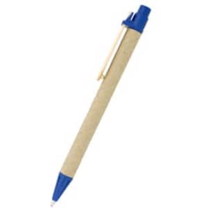 A biodegradable pen with a natural kraft body and blue accents, featuring a clip and retractable mechanism.