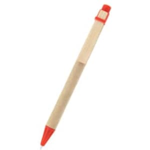 A wooden pen with an orange tip and cap, featuring a simple design and a logo on the barrel.