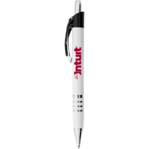 A metal pen with a white barrel, black clip, and silver accents, featuring a logo on the side.