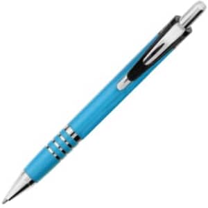 A metal pen in a vibrant blue colour with silver accents and a clip. It features a sleek design and branding.
