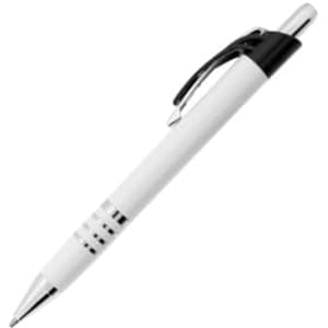 A metal pen in white and black, featuring a clip and a sleek design, with a logo on its body.