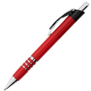 A red metal pen with a silver clip and decorative silver rings on the barrel. It features a branding logo.