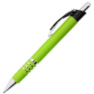 A green metal pen with a silver clip and decorative rings. The pen features a branded logo.