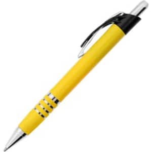 A metal pen with a yellow barrel and black details, featuring a clip and silver accents.