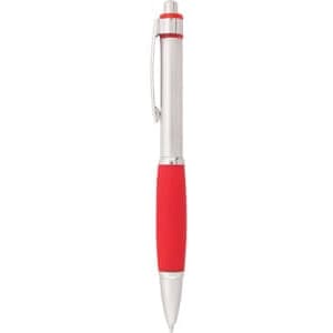 A metal pen with a silver body and a red rubber grip, featuring a clip and a branding logo.
