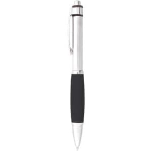 A metal pen featuring a silver barrel and a black rubber grip. It includes a clip and a logo on the barrel.