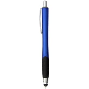 A blue stylus pen with a silver clip and a textured black grip, featuring a branding logo.