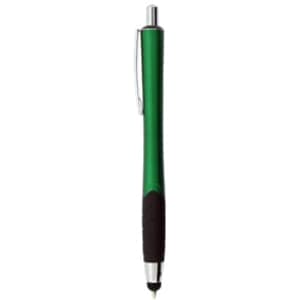 A green stylus pen with a black grip and a metal clip, featuring a logo on the barrel.