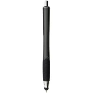 A black stylus pen with a sleek design and a silver tip, featuring a textured grip and a branding logo.