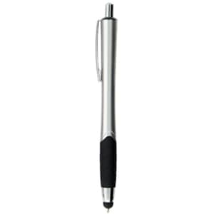 A silver stylus pen with a black grip and a logo on the side, ideal for touch screens.