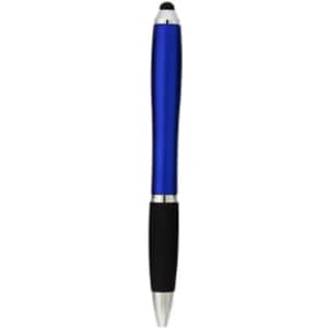 A blue stylus pen with a silver tip and a black grip. It features a logo on the body.