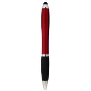 A red stylus pen with a silver trim and a black grip, featuring a logo.