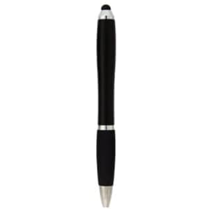 A black stylus pen with silver accents and a rubber grip, featuring a logo on the body.