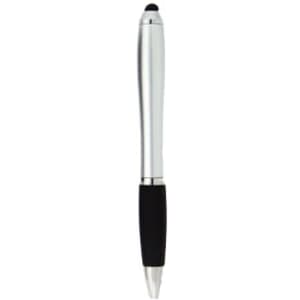 A silver stylus pen with a black grip and a rounded tip, featuring branding on the body.
