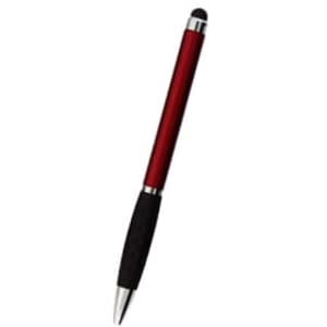 A red stylus pen with a black grip and silver accents, featuring a logo on the body.