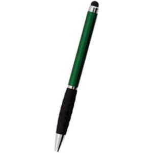 A green stylus pen with a black grip and a rounded tip. The pen features a metal silver accent and branding.