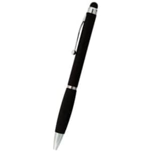 A black stylus pen with a silver clip and tip, featuring a rubber end for touchscreen use.