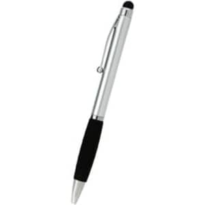 A stylus pen with a silver body and black grip, featuring a clip and a rounded tip for touchscreen use.