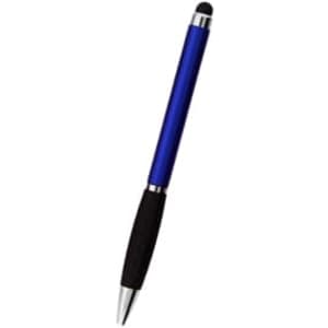 A blue stylus pen with a black grip and silver accents, featuring a branding logo.
