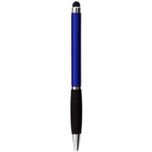 A blue stylus pen with a black rubber grip and a silver accent. Features a logo on the body.