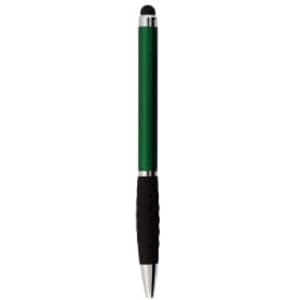 A green stylus pen with a black rubber grip and a shiny silver tip, featuring a logo.