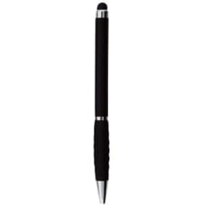 A black stylus pen featuring a rubber grip and a silver tip, complete with branding on the side.