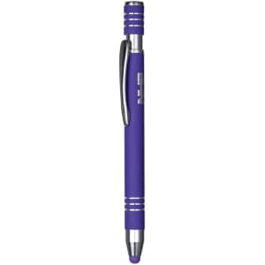 A purple metal pen with silver accents and a clip, featuring a logo near the top.