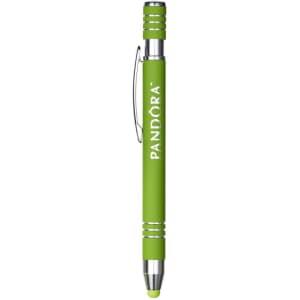 A metal pen in bright green with chrome accents, featuring a branding logo.