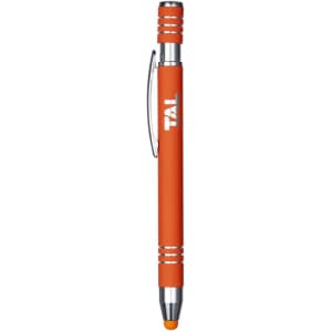 An orange metal pen with a sleek design, featuring a silver clip and tip. The pen includes a logo on its barrel.