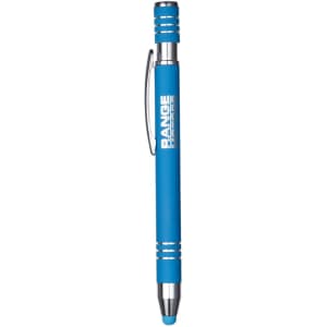 A blue metal pen with silver accents and a clip, featuring a logo on the barrel.