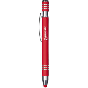 A red metal pen with silver accents and a branding logo. It features a clip for easy attachment.