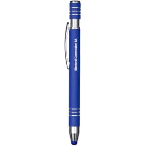 A blue metal pen featuring a silver clip and accents, with a branding logo on the side.