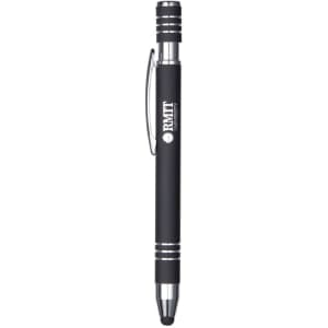 A metal pen in black with silver accents and a clip, featuring a logo on the barrel.