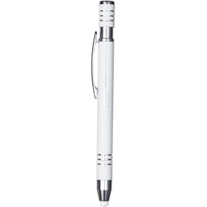 A white metal pen with chrome accents and a clip, featuring a branding logo.