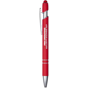 A red metal pen with a silver clip and a logo on the barrel.