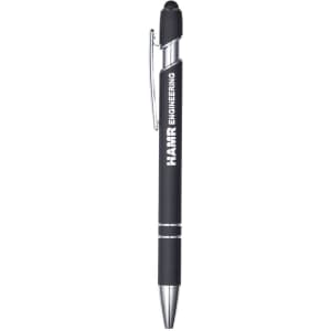 A black metal pen with silver accents and a branding logo, featuring a stylus tip.
